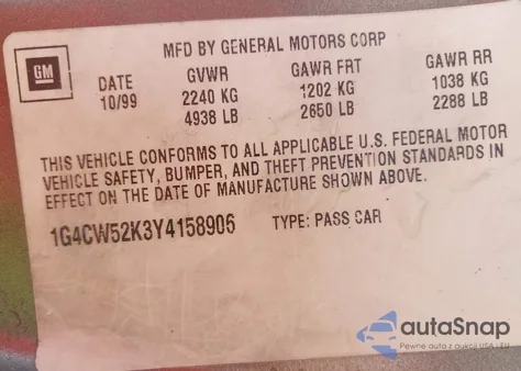 2000 Buick Park Avenue z USA, uszkodzony, nr VIN 1G4CW52K3Y4158906